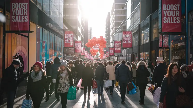 drukke winkelstraat tijdens een succesvolle black friday campagne